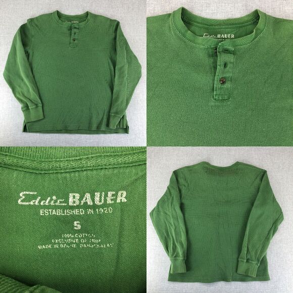 Eddie Bauer Thermal Henley Shirt Men Small Green Waffle Long Sleeve GORP Hipster - Picture 1 of 9